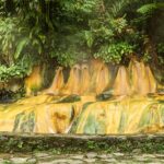 Pemandangan Pancuran Tujuh di Baturraden dekat Purwokerto, sumber air panas alami dikelilingi hutan hijau
